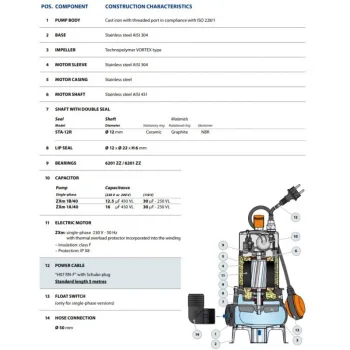 Iegremdējamais Ūdens Sūknis Pedrollo ZXM1A/40 (0.6kW ~230V) Ar pludiņu