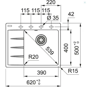 Virtuves izlietne Franke Centro Fragranīta CNG 611-62 TL/7, 62x50 cm, matēti melna 114.0637.434
