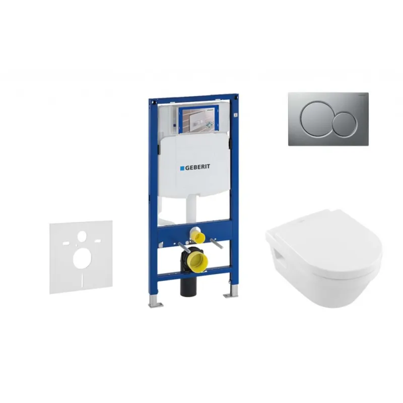 Tualetes poda komplekts Geberit Duofix  rāmis ar Villeroy & Boch Rimless podu ar SoftClose Vāku, Sigma01 Matēta Hroma poga