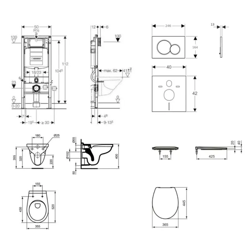 Tualetes poda komplekts Geberit Duofix  rāmis ar Alpha Rimless podu ar SoftClose Vāku, Sigma01 Hromēta poga