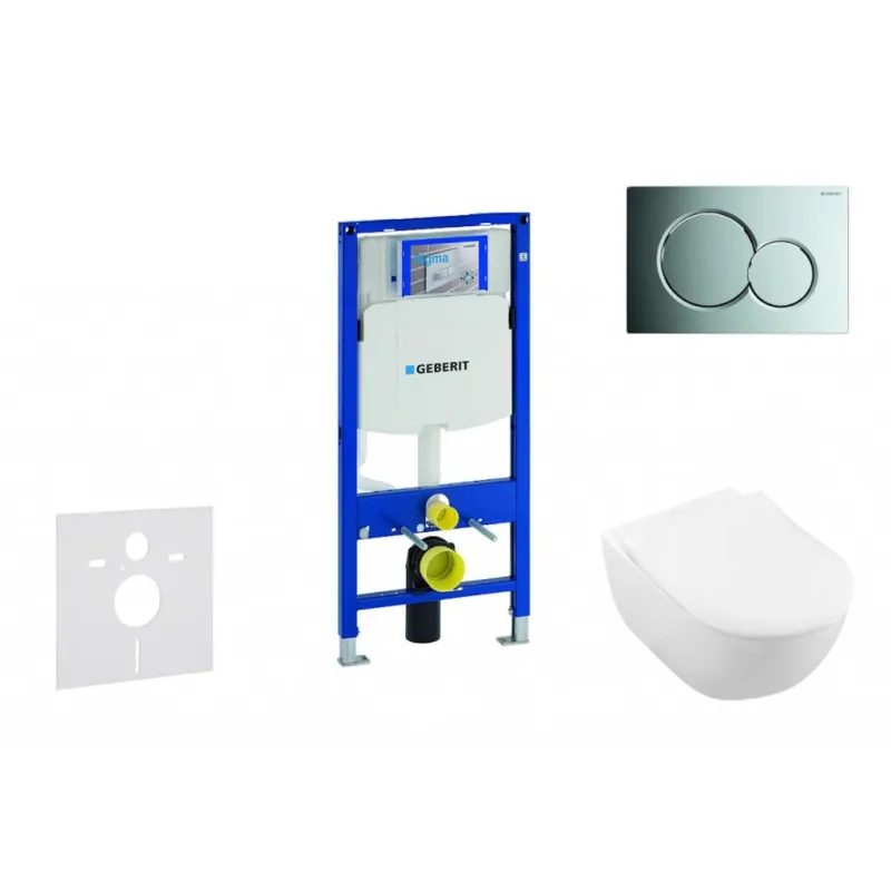 Tualetes poda komplekts Geberit Duofix rāmis ar Villeroy & Boch podu, SoftClose vāku, ar hromētu pogu Sigma01 pogu