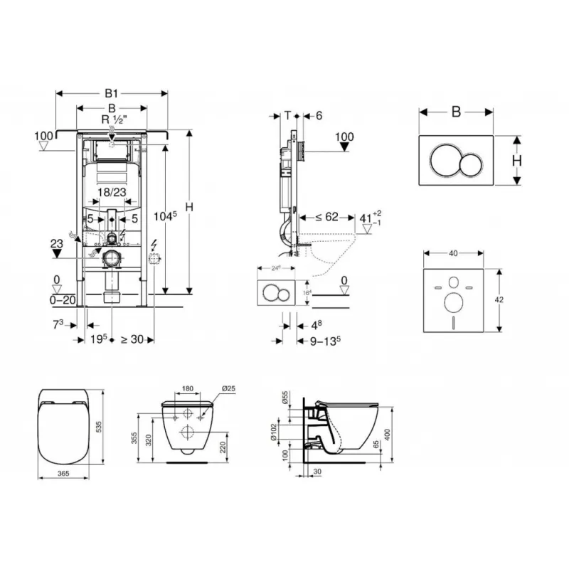 Tualetes poda komplekts Geberit Duofix rāmis ar Ideal Standard Tesi Aquablade Rimless podu ar SoftClose Vāku, Sigma01 Hromēta poga