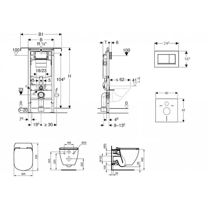 Tualetes poda komplekts Geberit Duofix rāmis ar Ideal Standard Tesi Aquablade Rimless podu ar SoftClose Vāku, Sigma01 Hromēta poga