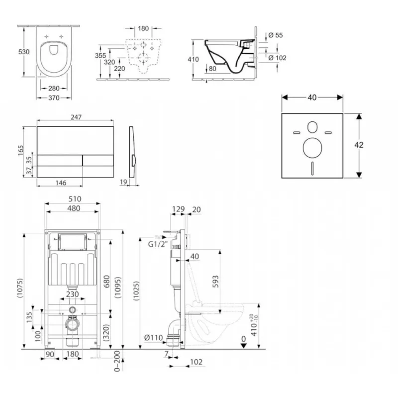 Tualetes poda komplekts Kielle Genesis rāmis ar Villeroy & Boch Architectura podu, SoftClose vāku, ar Melnu Gemini II pogu 11AK5103
