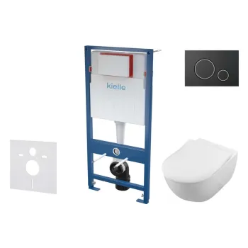 Tualetes poda komplekts Kielle Genesis rāmis ar Villeroy & Boch Subway podu, SoftClose vāku, ar Melnu Gemini II pogu 11AK5105