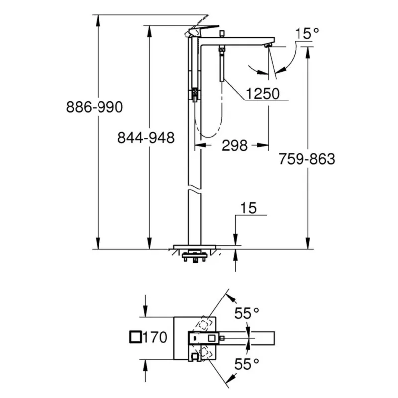 Vannas / Dušas maisītājs Grohe Eurocube uz grīdas, StarLight® apdare, Hromēts 23672001