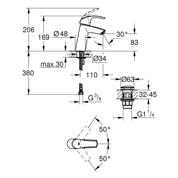 Vannas istabas Izlietnes maisītājs Grohe Eurosmart M-Size ar Push-Open vārstu, hromēts 23923002