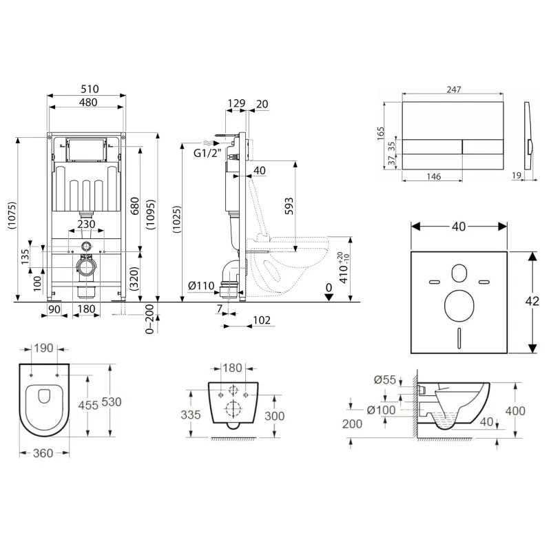 Tualetes poda komplekts Kielle Genesis piekaramais pods Rimless, rāmis ar Hromētu pogu Gemini I un SoftClose Vāku