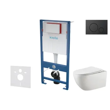 Tualetes poda komplekts Kielle Genesis piekaramais pods Oudee Rimless, rāmis ar Melnu pogu Gemini IV un SoftClose Vāku