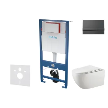 Tualetes poda komplekts Kielle Genesis piekaramais pods Gaia Rimless, rāmis ar Melnu pogu Gemini I un SoftClose Vāku