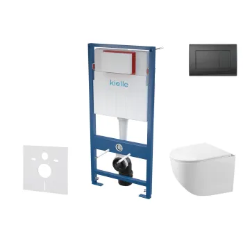 Tualetes poda komplekts Kielle Genesis piekaramais pods Gaia Rimless, rāmis ar Melnu pogu Gemini III un SoftClose Vāku
