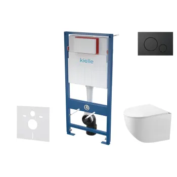 Tualetes poda komplekts Kielle Genesis piekaramais pods Gaia Rimless, rāmis ar Melnu pogu Gemini Gemini IV un SoftClose Vāku