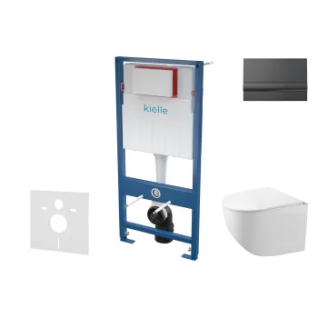 Tualetes poda komplekts Kielle Genesis piekaramais pods Gaia Rimless, rāmis ar Melnu pogu Gemini I un SoftClose Vāku