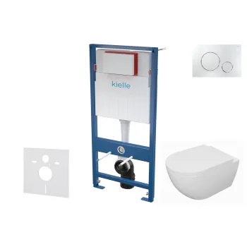Tualetes poda komplekts Kielle Genesis piekaramais pods Oudee Rimless, rāmis ar Hromētu pogu Gemini II, un SoftClose Vāku