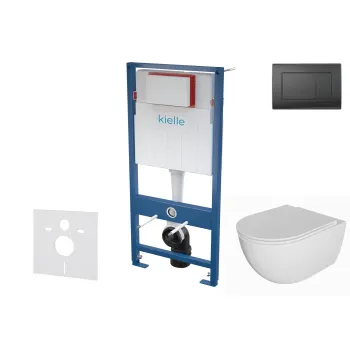 Tualetes poda komplekts Kielle Genesis piekaramais pods Oudee Rimless, rāmis ar Melnu pogu Gemini III un SoftClose Vāku