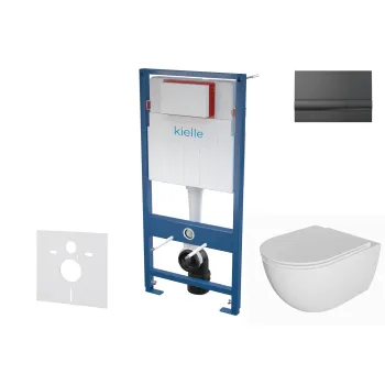 Tualetes poda komplekts Kielle Genesis piekaramais pods Oudee Rimless, rāmis ar Melnu pogu Gemini I un SoftClose Vāku