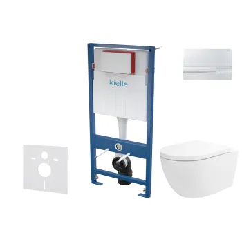 Tualetes poda komplekts Kielle Genesis piekaramais pods Oudee Rimless, rāmis ar Hromētu pogu Gemini I un SoftClose Vāku
