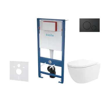 Tualetes poda komplekts Kielle Genesis piekaramais pods Oudee Rimless, rāmis ar Melnu pogu Gemini IV un SoftClose Vāku