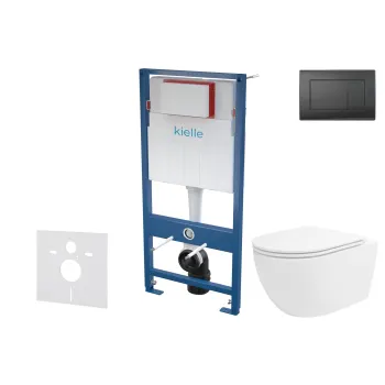 Tualetes poda komplekts Kielle Genesis piekaramais pods Oudee Rimless, rāmis ar Melnu pogu Gemini III un SoftClose Vāku