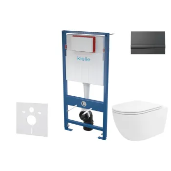 Tualetes poda komplekts Kielle Genesis piekaramais pods Oudee Rimless, rāmis ar Melnu pogu Gemini I un SoftClose Vāku