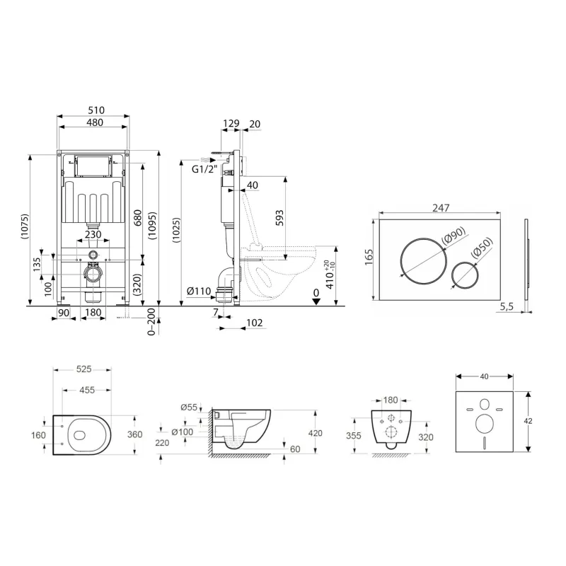 Tualetes poda komplekts Kielle Genesis piekaramais pods Oudee Rimless, rāmis ar Hromētu pogu Gemini II un SoftClose Vāku