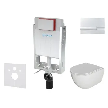 Tualetes poda komplekts Kielle Genesis piekaramais pods Rimless, rāmis ar Hromētu pogu Gemini Iun SoftClose Vāku