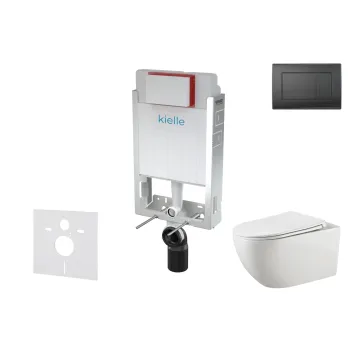 Tualetes poda komplekts Kielle Genesis piekaramais pods Gaia Rimless, rāmis ar Melnu pogu Gemini III un SoftClose Vāku
