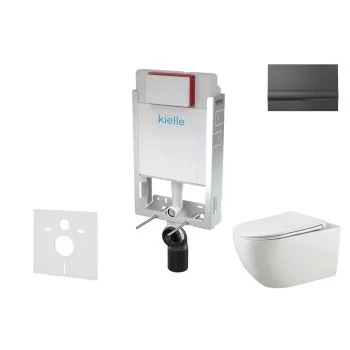 Tualetes poda komplekts Kielle Genesis piekaramais pods Gaia Rimless, rāmis ar Melnu pogu Gemini I un SoftClose Vāku