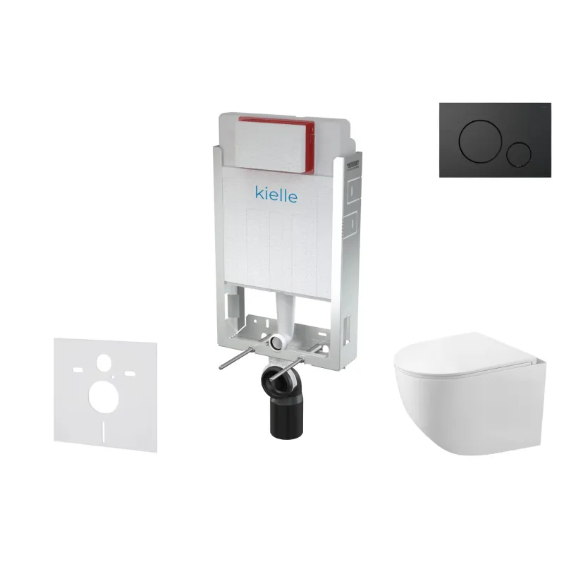 Tualetes poda komplekts Kielle Genesis piekaramais pods Gaia Rimless, rāmis ar Melnu pogu Gemini IV un SoftClose Vāku