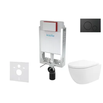 Tualetes poda komplekts Kielle Genesis piekaramais pods Oudee Rimless, rāmis ar Melnu pogu Gemini IV un SoftClose Vāku