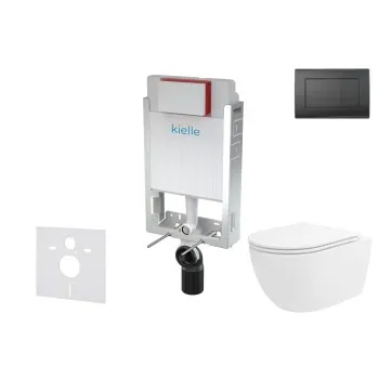 Tualetes poda komplekts Kielle Genesis piekaramais pods Oudee Rimless, rāmis ar Melnu pogu Gemini III un SoftClose Vāku