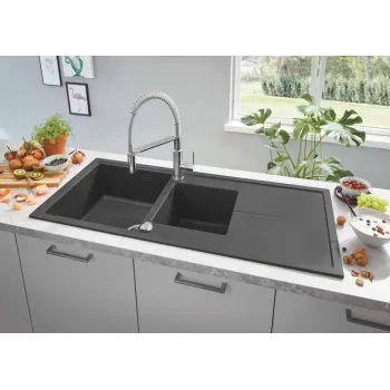 Virtuves izlietne Grohe K400 Granīta ar automātisko noteci, 116x50cm, Whisper izolācija Melna 31643AP0