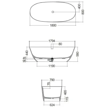 Brīvi stāvošā vanna Kludi Resa akmens masa 180x80cm, matēta balta 51BF0153