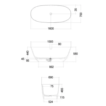 Brīvi stāvošā vanna Kludi Resa akmens masa 160x70cm, matēta balta 51BF0353
