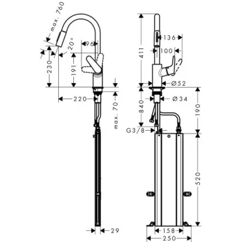 Virtuves maisītājs Hansgrohe Focus M41, 240 izvelkams 2jet ar sBox Stainless Steel Finish 73880800