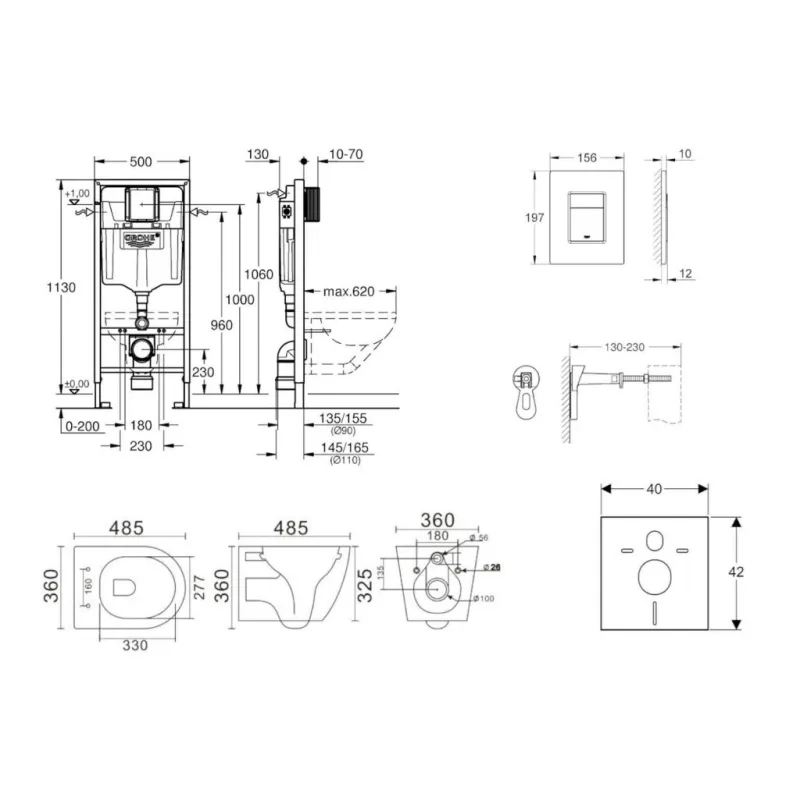 Tualetes poda komplekts Grohe rāmis Rapid SL+WC pods Kielle Gaia Rimless poga+vāks SoftClose 11BA1105