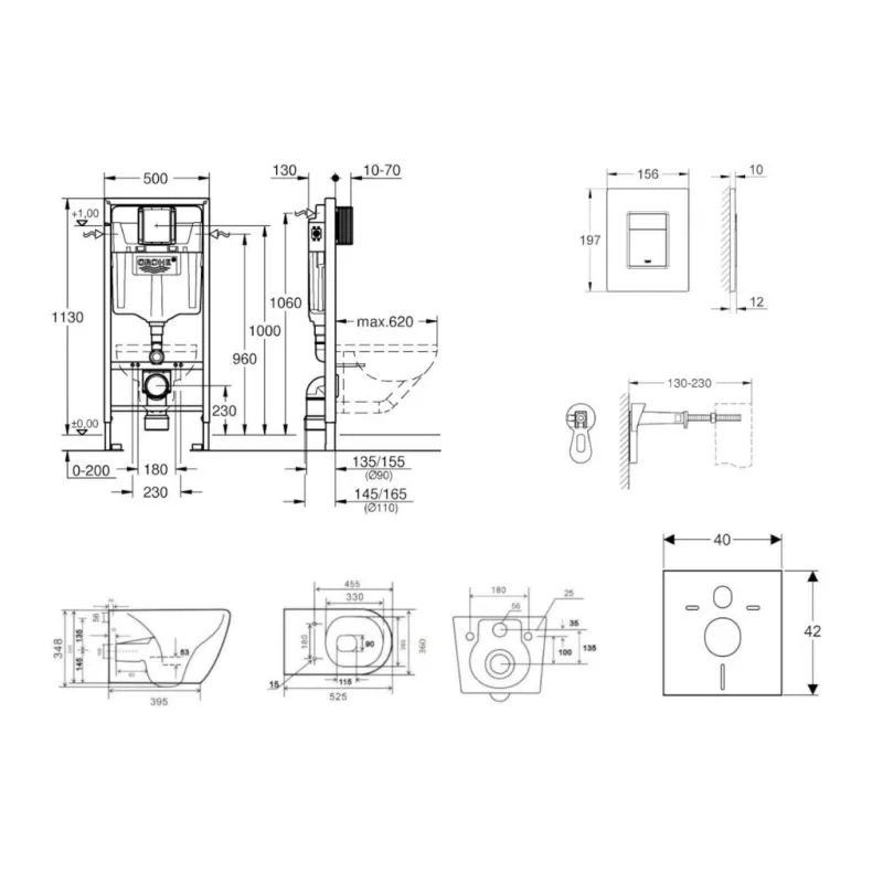 Tualetes poda komplekts Grohe rāmis Rapid SL+WC pods Kielle Gaia Rimless poga Skate Cosmopolitan+vāks SoftClose 11BA1106