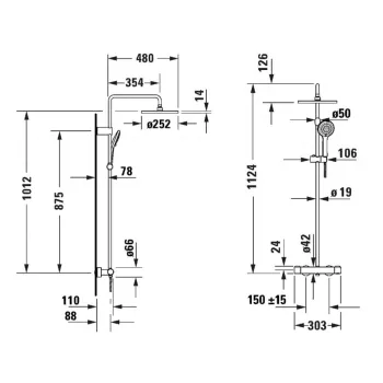 Dušas sistēma Duravit Showers ar termostatu, Dušas galva D 25 cm, 3 plūsmas, Nerūsējošs Tērauds Dušas sistēma Duravit Showers ar termostatu, Dušas galva D 25 cm, 3 plūsmas, Nerūsējošs Tērauds