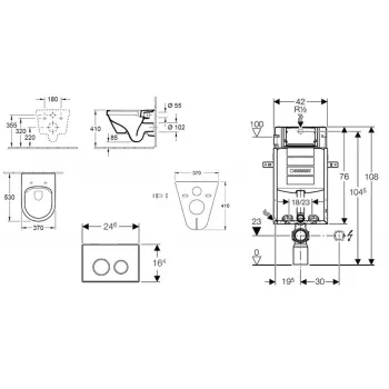 Tualetes poda komplekts Geberit Kombifix  rāmis ar Villeroy & Boch Rimless podu ar SoftClose Vāku, Sigma30 Hroma poga
