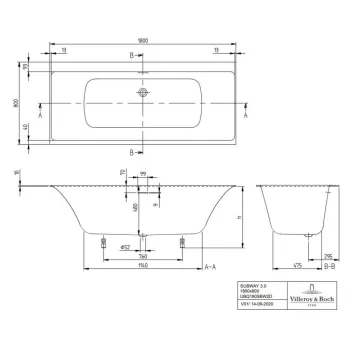 Vanna Villeroy & Boch Subway 3.0 180x80cm, Quaryl, Alpu balta UBQ180SBW2DV-01