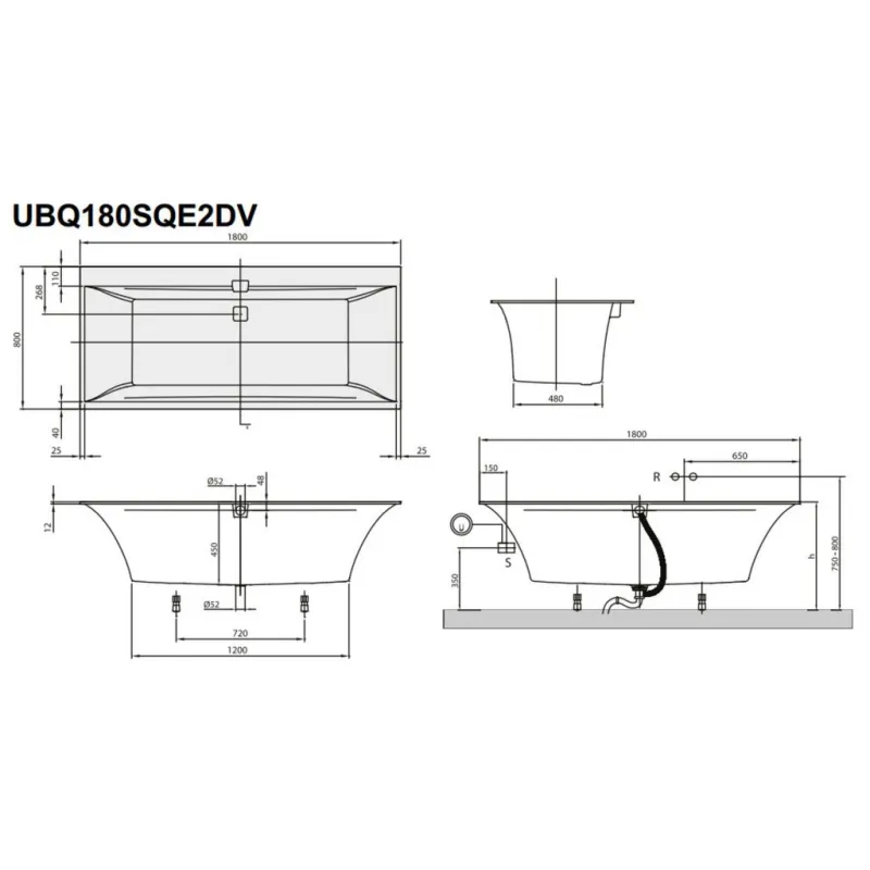 Vanna Villeroy & Boch Squaro Edge 12 Duo, 1800x800 mm, ar sifonu, ar kājām, balta Quaryl®