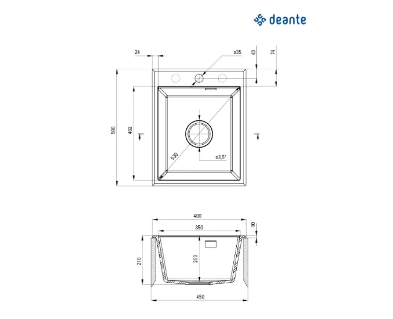 Virtuves izlietne Deante ERIDAN 400x500x210mm Melna grafīta