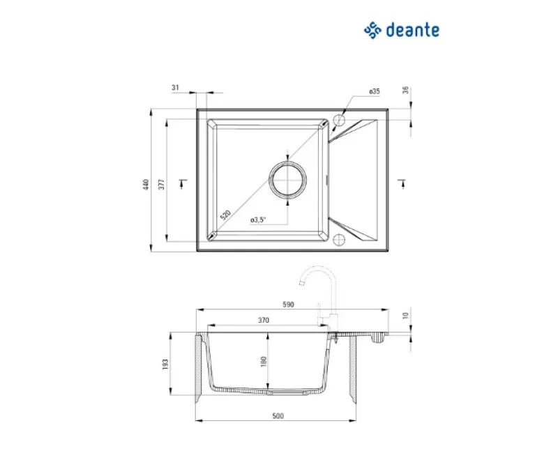 Virtuves izlietne Deante EVORA 590x440x193mm Melns Metālisks Grafīts
