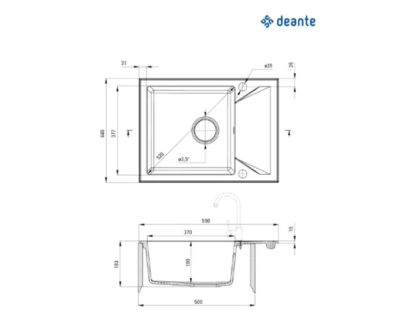 Virtuves izlietne Deante EVORA 590x440x193mm Nero melna