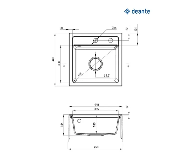 Virtuves izlietne Deante ZORBA 440x440x184mm Melna grafīta