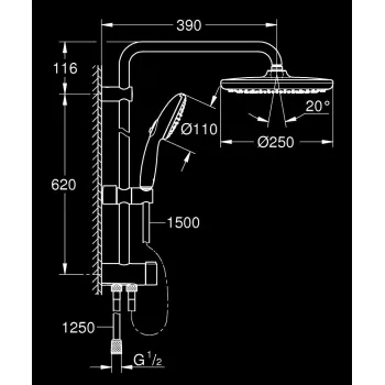 Dušas sistēma Grohe bez termostata ar pārslēdzēju Vitalio Start 250, Hromēta
