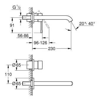 Vannas istabas izlietnes maisītājs Grohe Essence VA daļa, 2 caurumu, iztece 230 mm, no sienas, supersteel