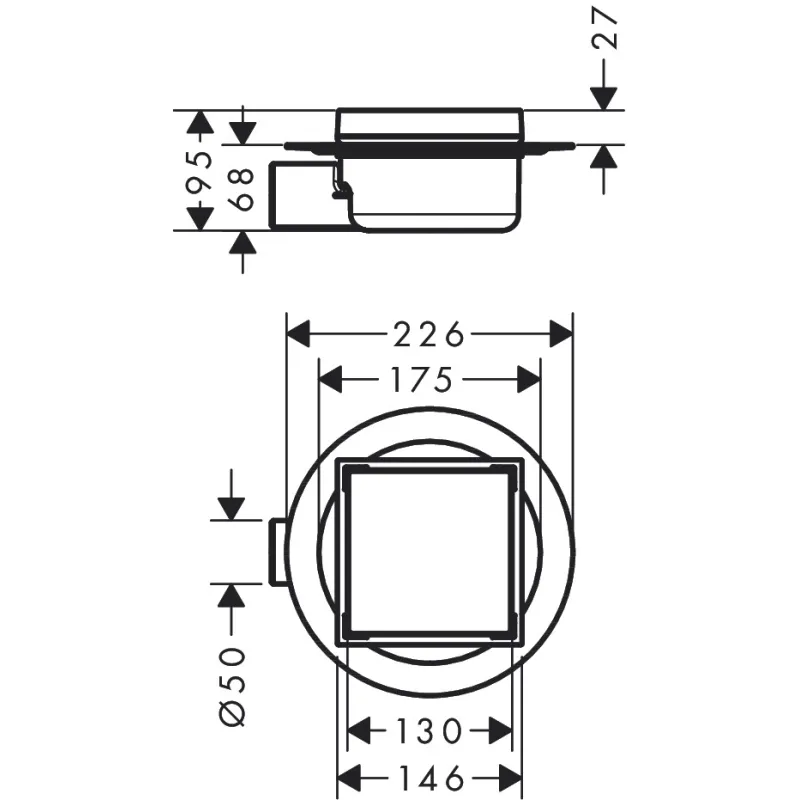 Dušas traps Hansgrohe RainDrain Spot, 150x150 mm, horizontāls, resti no otras puses var flīzēt