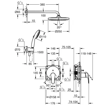 Dušas sistēma Grohe komplekts Eurosmart/Tempesta 250, hroms