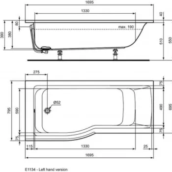 Vanna Ideal Standard Connect Air, 170x80 cm, akrila, kreisā puse, balta E113401